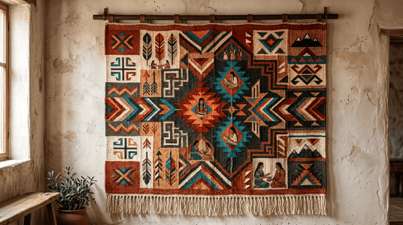Southwestern-style woven wall hanging with geometric patterns in red, turquoise, orange, black, and beige hung on white stucco wall